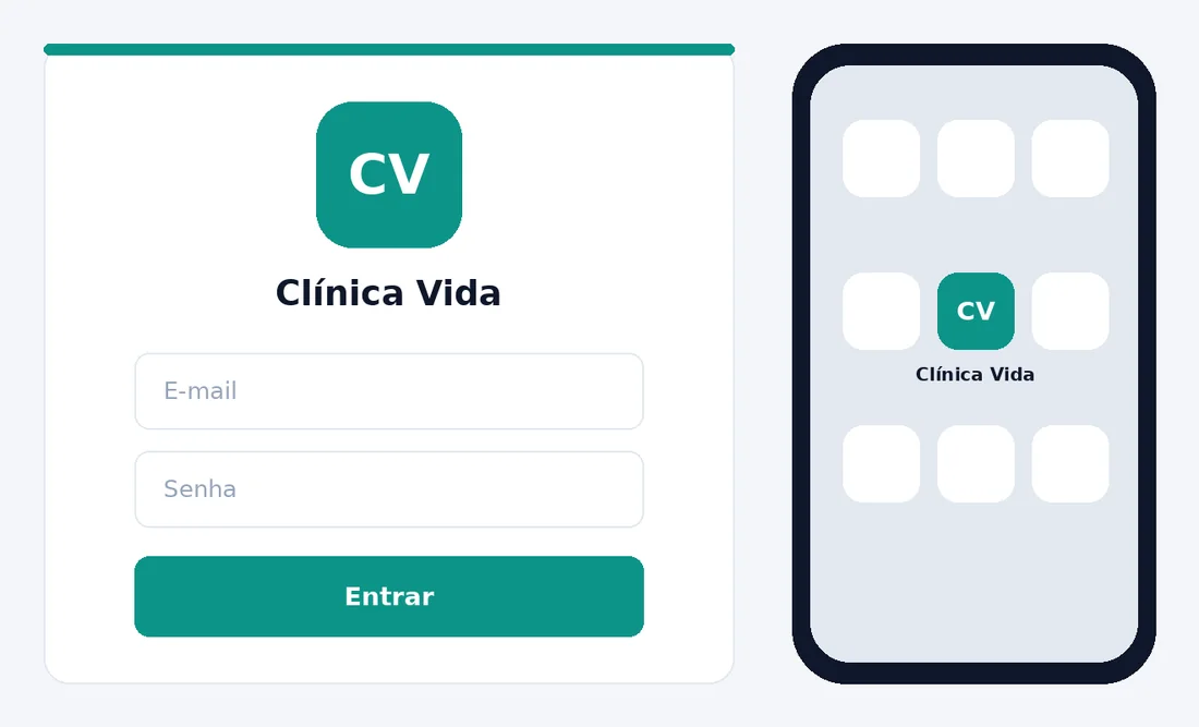 A tela de entrada com a logo e a cor de uma clínica de exemplo e, ao lado, um celular com o ícone do aplicativo com o nome da clínica.